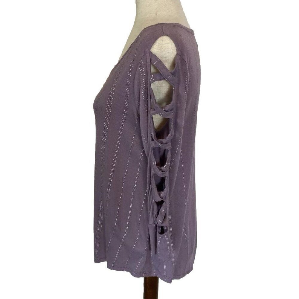 Jennifer Lopez Top Sz M Slit Geometric Sleeve Purple Silver Retro Stripe Sparkle - Picture 2 of 11